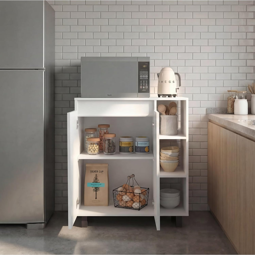 Tuhome Cesna Microwave Sideboard Kitchen Pantry Cabinet, 36.3" Freestanding Pantry Storage with 2 Doors, 5 Shelves & Appliance Surface, White Engineered Wood