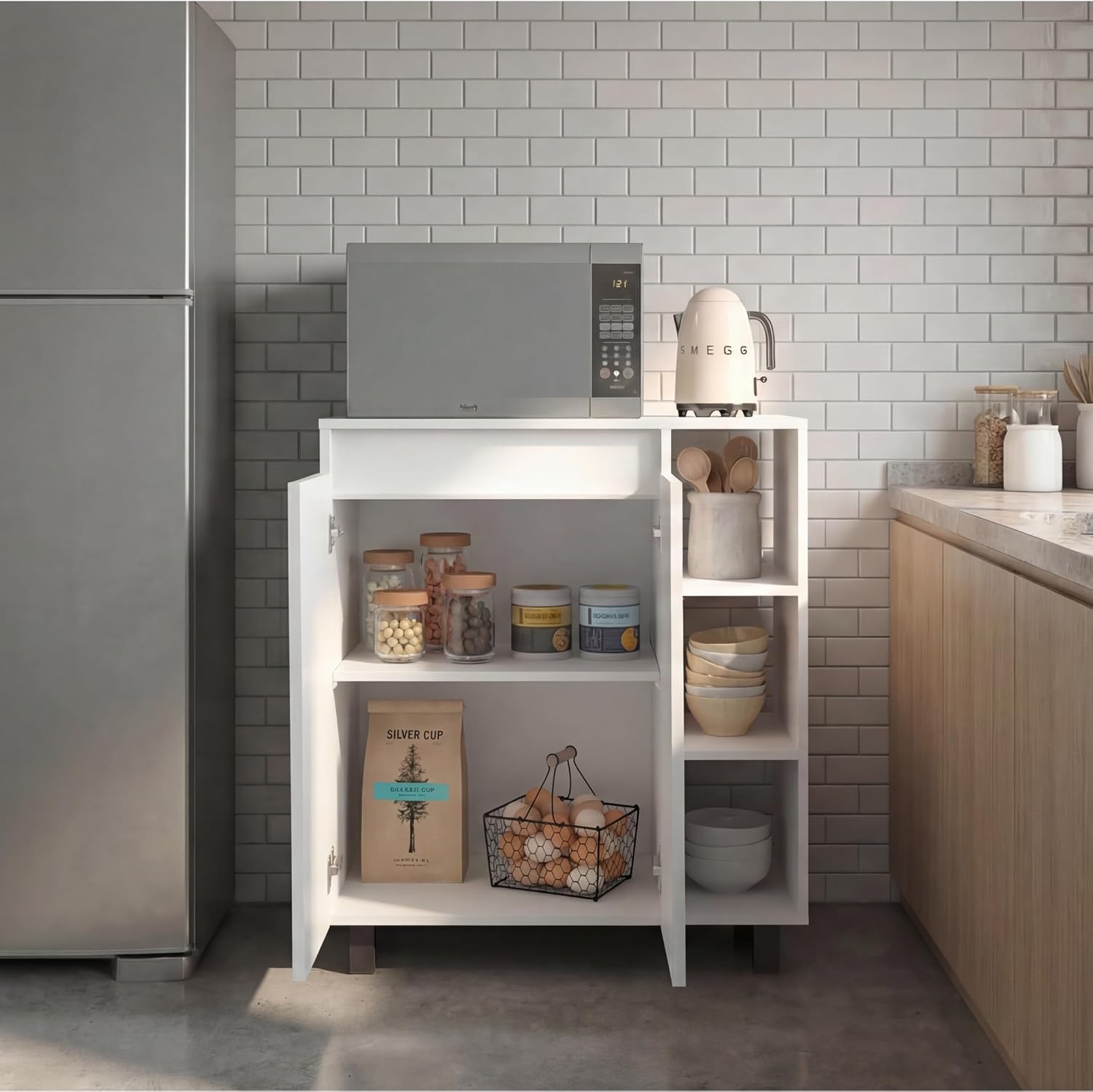Tuhome Cesna Microwave Sideboard Kitchen Pantry Cabinet, 36.3" Freestanding Pantry Storage with 2 Doors, 5 Shelves & Appliance Surface, White Engineered Wood