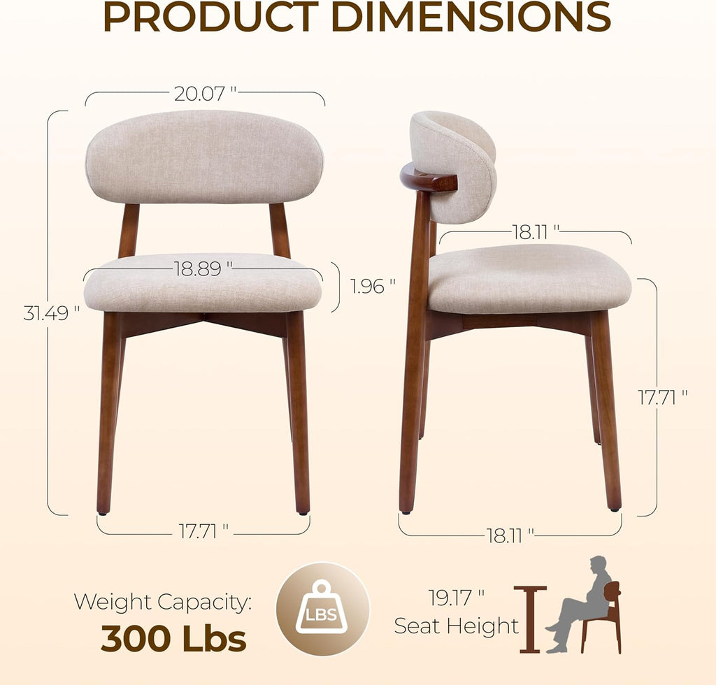 Mid Century Modern Dining Chairs Set of 4, Farmhouse Wooden Fabric Upholstered Kitchen Chairs with Curve Back, Dining Room Chairs for Living Room Restaurant Cafe with Brown Legs, Camel