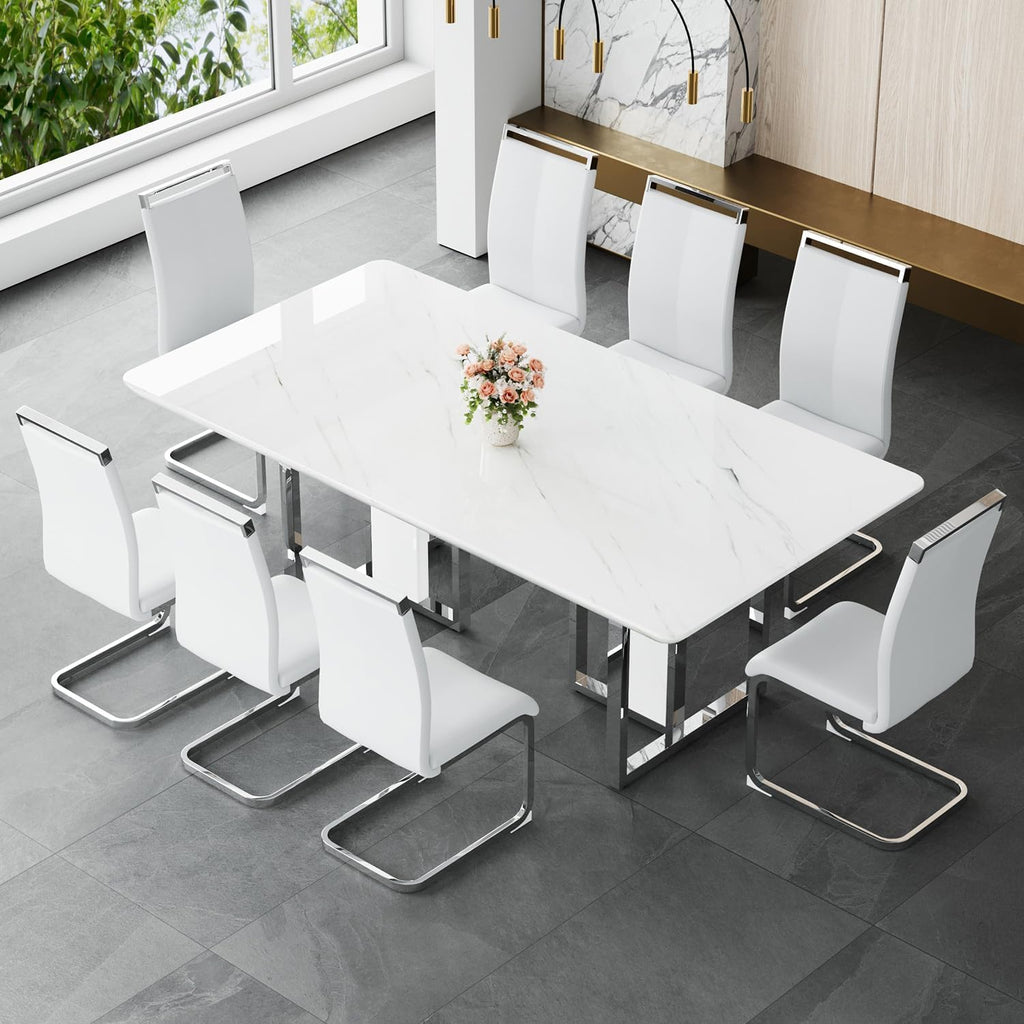 JUFU 9 Piece Dining Table Set for 8, 79 Inch Faux Marble Dining Room Table Set with 8 PU Leather Chairs, Modern Rectangular Kitchen Table and Chairs Set for Large Dining Room, Kitchen