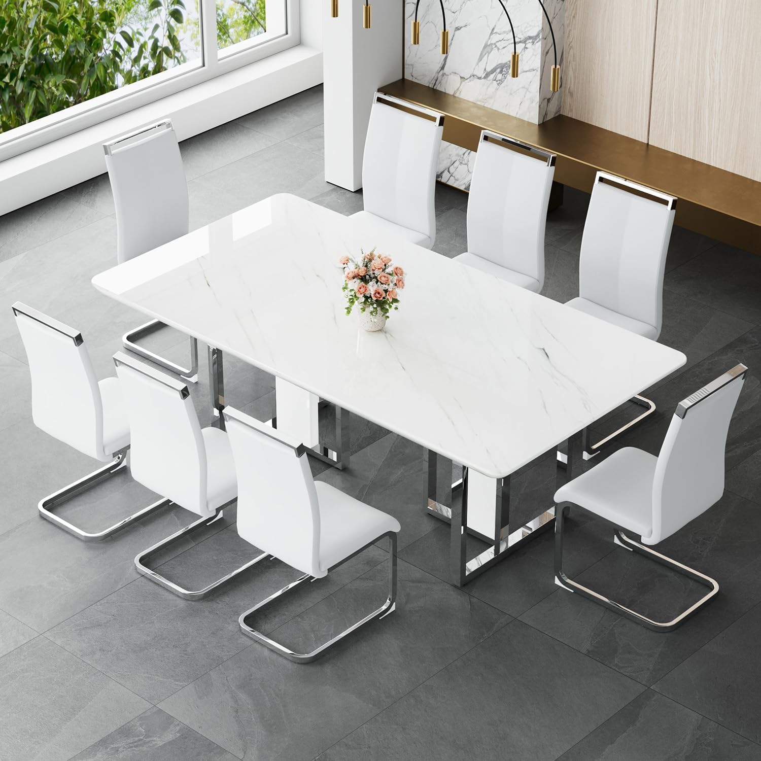 JUFU 9 Piece Dining Table Set for 8, 79 Inch Faux Marble Dining Room Table Set with 8 PU Leather Chairs, Modern Rectangular Kitchen Table and Chairs Set for Large Dining Room, Kitchen