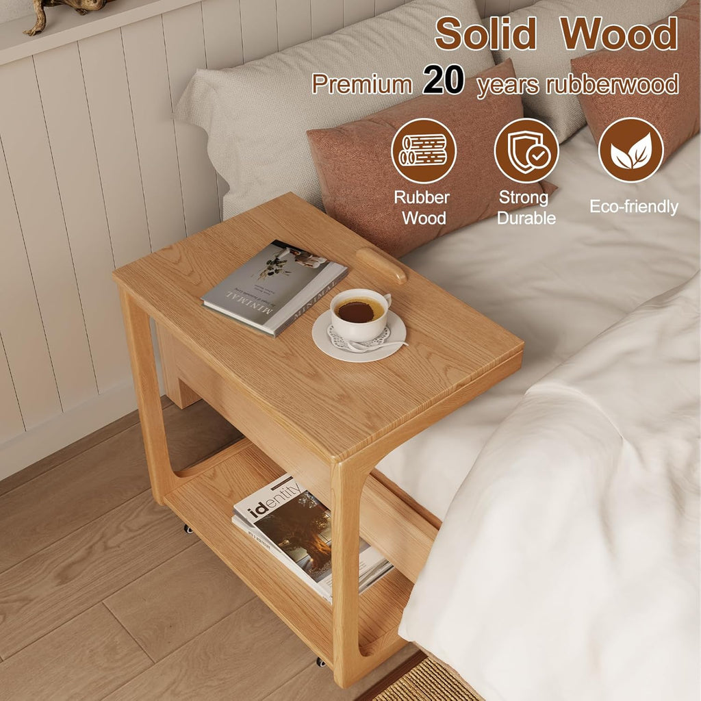 AQIMUELE Wooden C-Shaped End Table,Couch Table with Adjustable Desktop,Small Rolling Side Table with 2 Lockable Wheels 23.6" Width,Small End Table for Couch, Living Room,Bedroom (Natural)