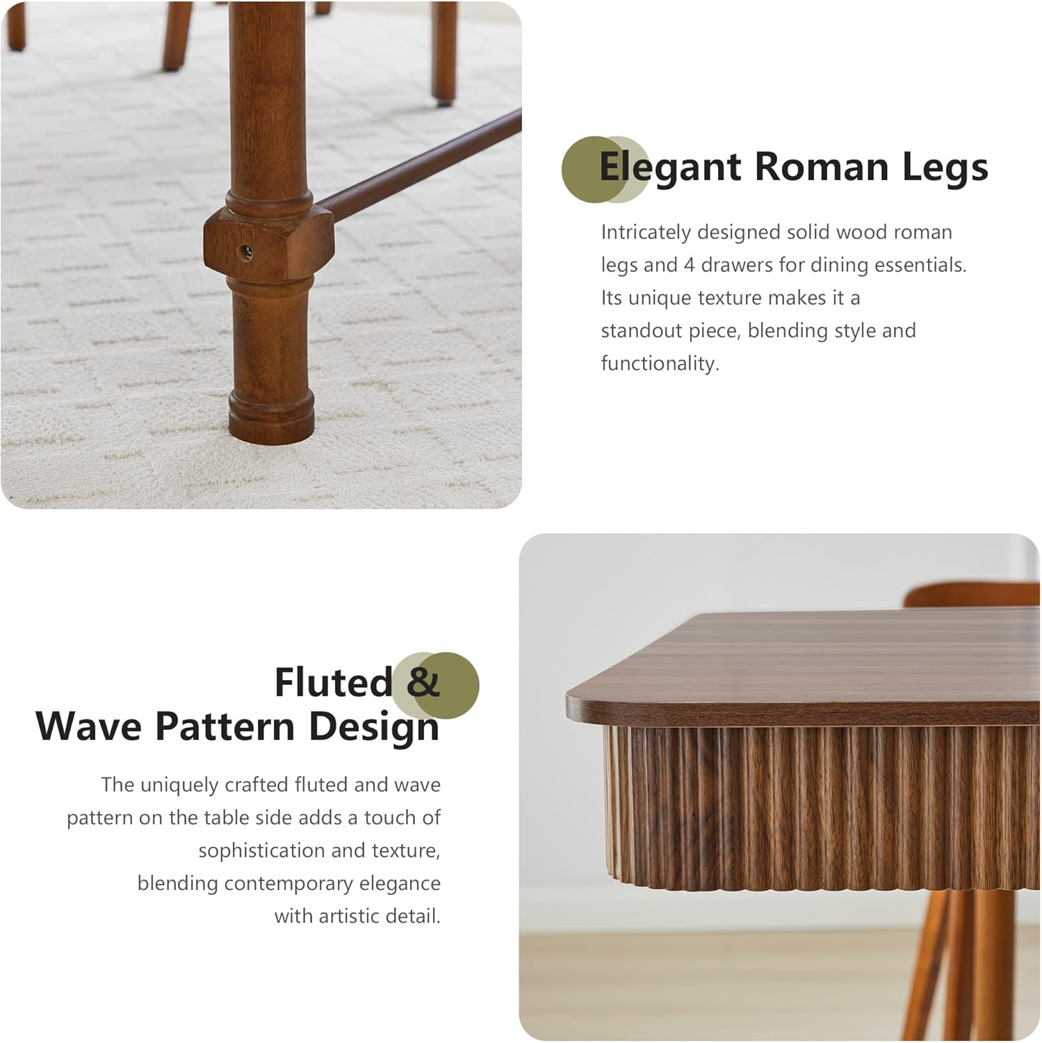 Fluted Dining Table for 6 to 10 People, 79'' Long Rustic Dinner Table with Drawers, Farmhouse Rectangular Wooden Tables for Kitchen, Dining Room, Living Room (Walnut)