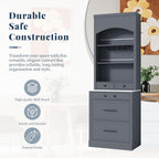 Modern 28.7x17.5x83.7 Inch Tall Kitchen Pantry Cabinet, Freestanding Hutch with Faux Marble Top, 5 Drawers & Adjustable Shelf, Glass Holders, Space-Saving Storage for Kitchen/Dining Room (1, Gray)