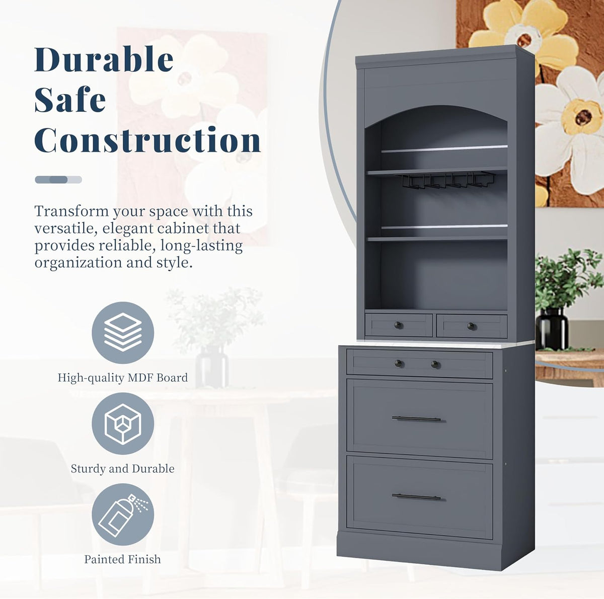 Modern 28.7x17.5x83.7 Inch Tall Kitchen Pantry Cabinet, Freestanding Hutch with Faux Marble Top, 5 Drawers & Adjustable Shelf, Glass Holders, Space-Saving Storage for Kitchen/Dining Room (1, Gray)