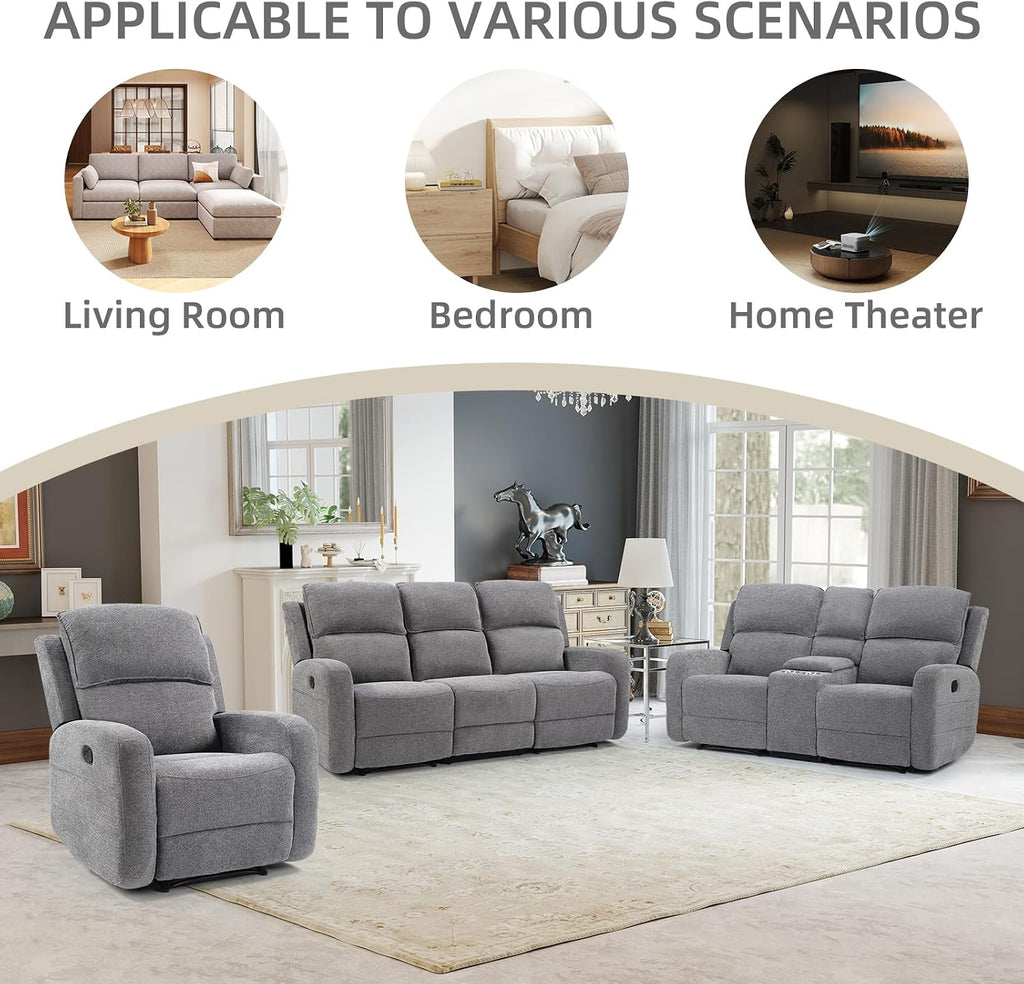 EBELLO Manual Living Room Furniture Reclining Couch Set, Fabric Recliner Chair, Loveseat and 3 Seat Sofa Couch for Meeting Room(Recliner+Loveseat+3 Seat Sofa)