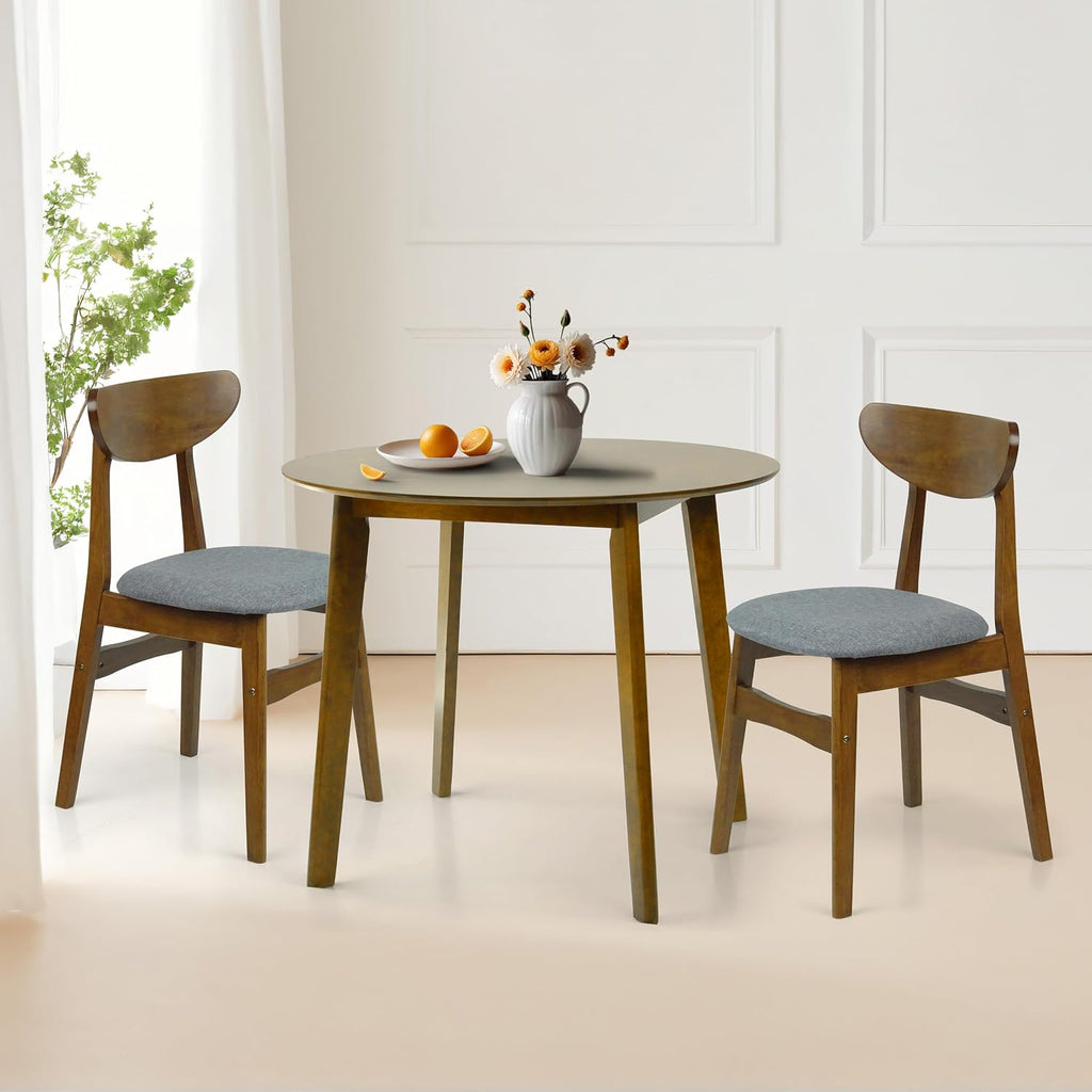Set of 3 Dining Kitchen Round Table and 2 Yumiko Side Chairs Solid Wood w/Padded Seat Medium Brown