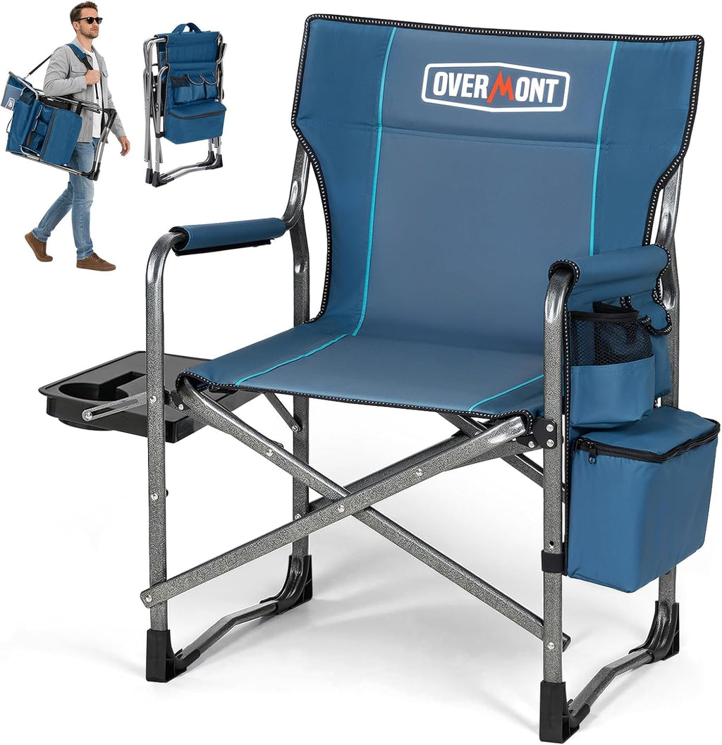 Overmont Folding Camping Chair with Side Table, Cooler Bag, 400 lb Capacity | Oversized Directors Chair for Lawn, Beach, Picnics and Fishing, 600D Oxford, 11.8 lb, Shoulder Strap and Storage Pockets