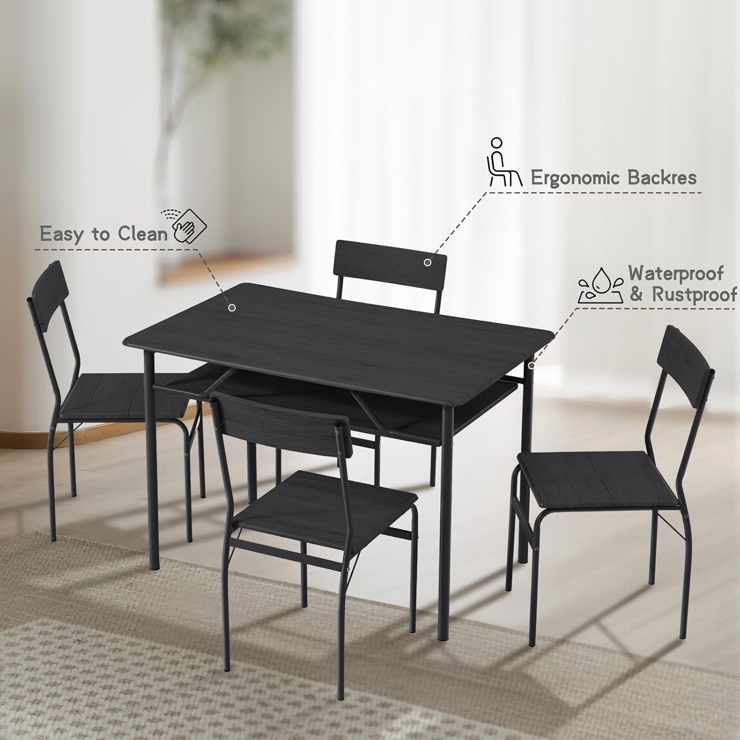 ECOTOUGE Dining Table Set for 4, Wood Kitchen Table and Chairs with Storage Shelves & Metal Frame, Compact Mid-Century Modern Rectangle Dinner Table Sets for Small Space, Apartment, Black