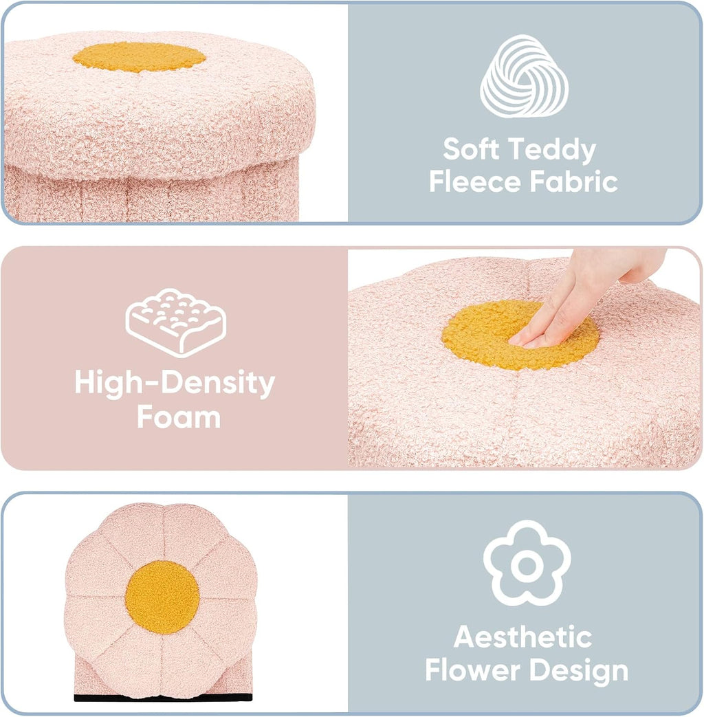 Flower Boucle Storage Ottoman, 12.6" Small Footstool with Padded Seat, Folding Sherpa Foot Rest for Sofa, Floral Accent Side Table for Living Room, Bedroom, Dorm, Pink