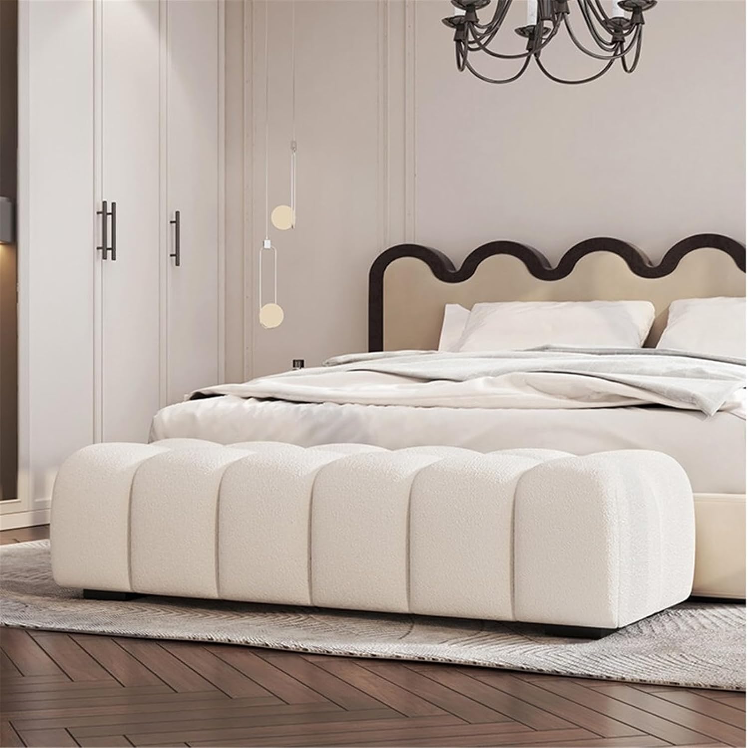 Modern Fabric Bed end Bench Long Bedroom Dressing Room Wooden Shoe Changing Entryway(Medium)