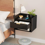 Arbuxzuy Floating Nightstand Set of 2 with Charging Station and Drawer | Modern Black Wall Mounted Bedside Table with Open Shelf, Minimalist Wooden Floating Night Stand for Bedroom Small Spaces