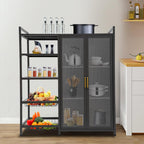 Kitchen Pantry Cabinet with Clear Doors, Metal Sideboard with Open Storage Shelf and Baskets Floor-Standing Organizer for Dining Room Living Room Bar