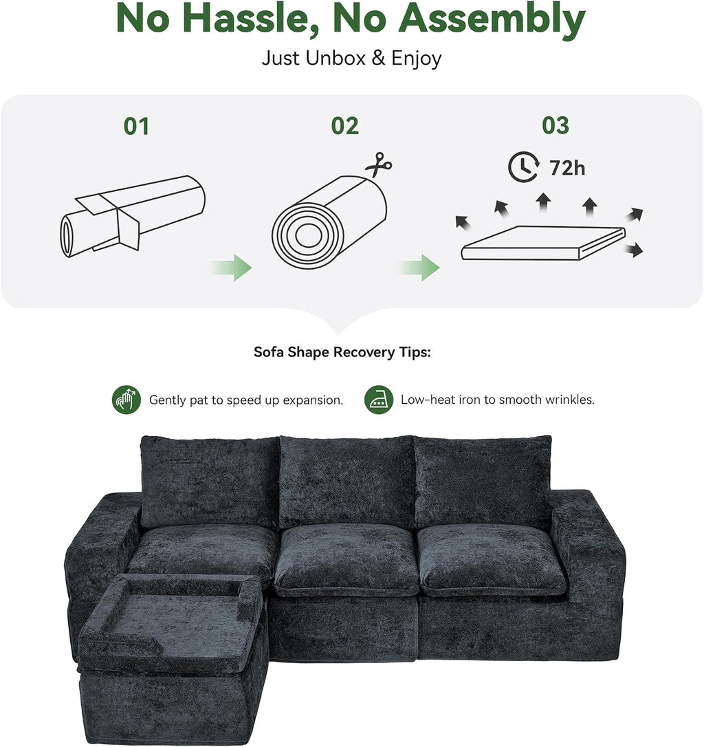 MONVANE 102" Modular Sectional Sofa, Oversized 4 Seat Convertible L Shaped Cloud Couch with Multi-Use Lounge Ottoman, Comfy Crushed Velvet Couches for Living Room, Charcoal Grey