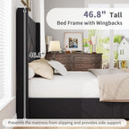 BarnFurin Queen Bed Frame with Geometric Wingback Headboard, Black