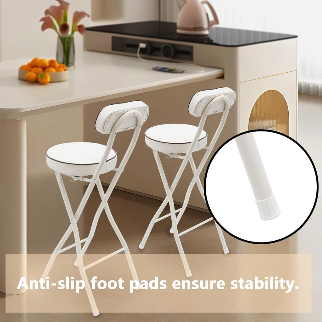 2 Pcs Folding Bar Stool with Backrest & Footrest 25.6in Height Tall Foldable Stool Chair Leather Padded for Kitchen Bar Shop 275.58 lbs Capacity White