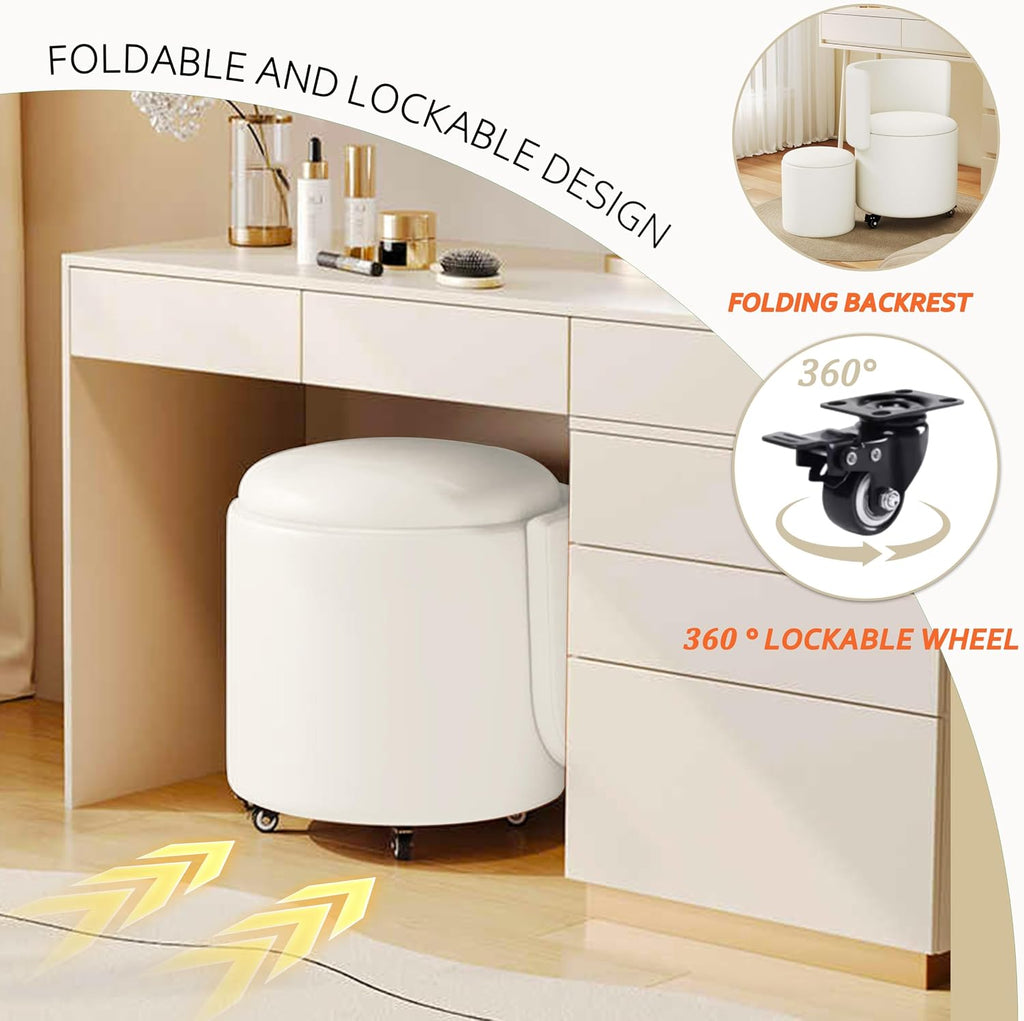 Round Vanity Chair with Storage, Rolling PU Leather Swivel Work Makeup Stool Chair with Folding Back, Upholstered Ottomans for Bedroom Living Room