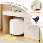 Round Vanity Chair with Storage, Rolling PU Leather Swivel Work Makeup Stool Chair with Folding Back, Upholstered Ottomans for Bedroom Living Room