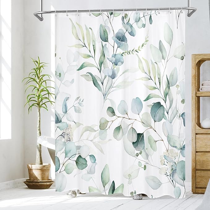 MitoVilla Sage Green Extra Long Shower Curtain 72 x 84, XL Spring Floral Fabric Cloth Shower Curtains for Chic Modern Bathroom Decor, Summer Watercolor Eucalyptus Leaf Shower Curtain
