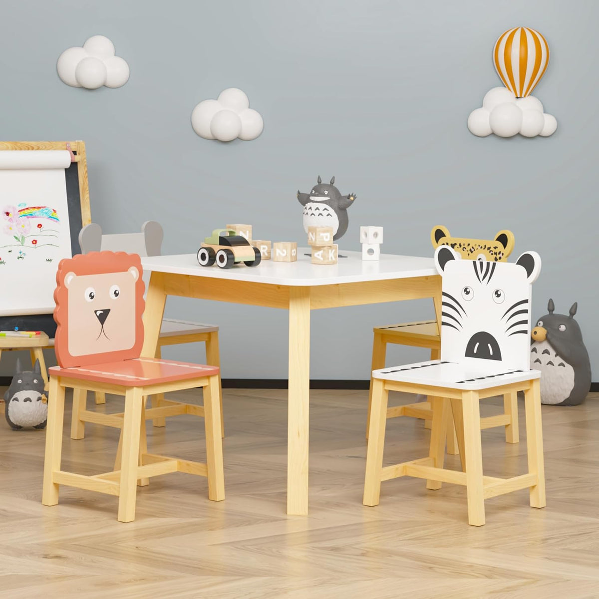 5 Pieces Table and Chair Set, Cartoon Animals Pattern Activity Play Set with Solid Wood Legs, Wooden Furniture for Playroom, Daycare & Kindergarten