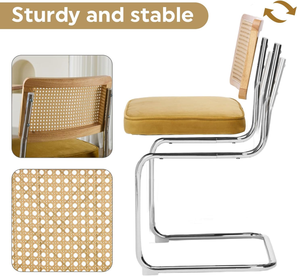 Rattan Dining Chairs Set of 2, Mid Century Kitchen Chairs with Natural Mesh Rattan Backrest & Metal Chrome Legs, Cesca Design Velvet Dining Room Chairs for Kitchen, Gold Yellow(Chair Only)