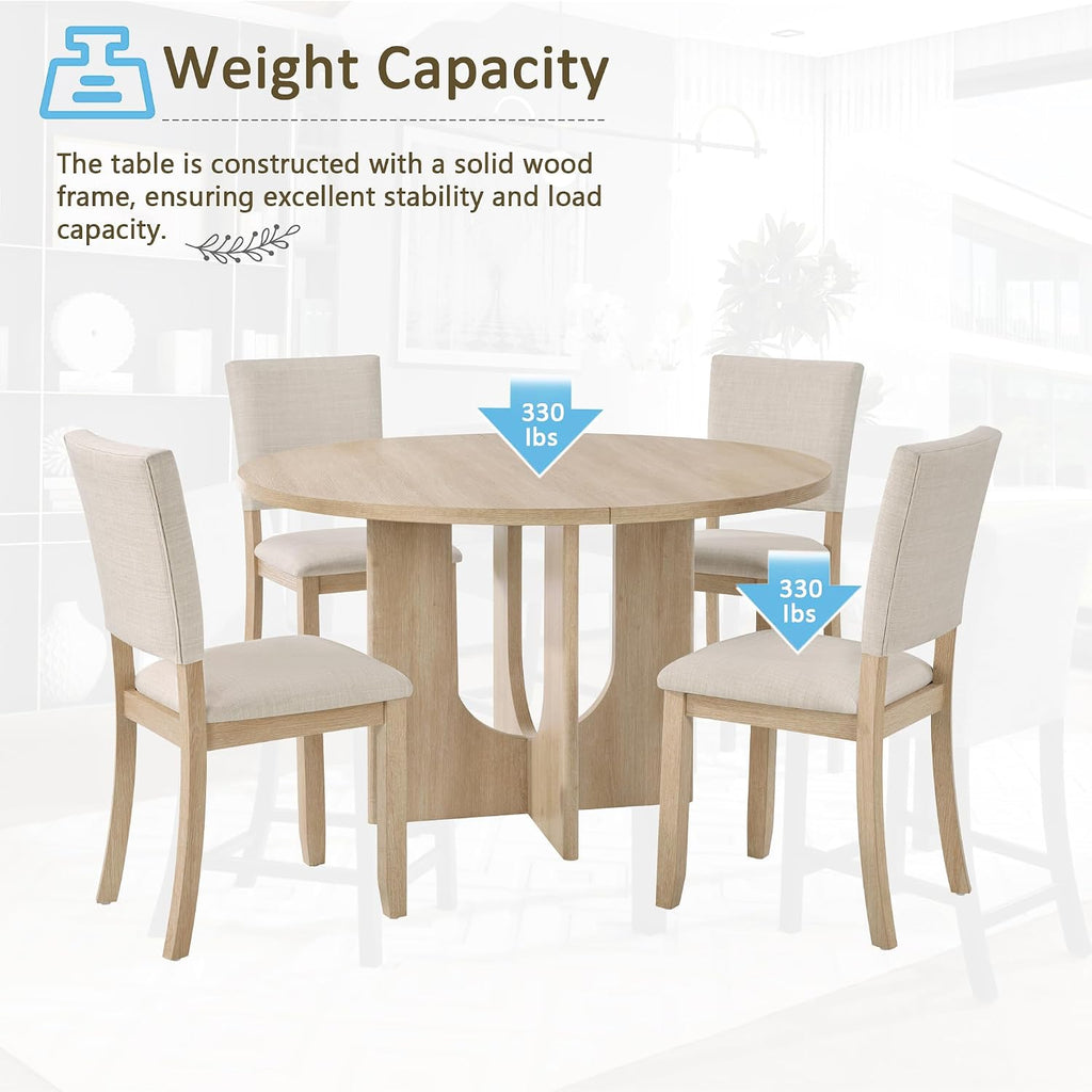 JIJIWANG 47.3" 5-Piece Round Dining Table Set with 4 Upholstered Dining Chairs, Modern Round Dining Table Set for 4 for Living Room Kitchen Light Oak & Beige