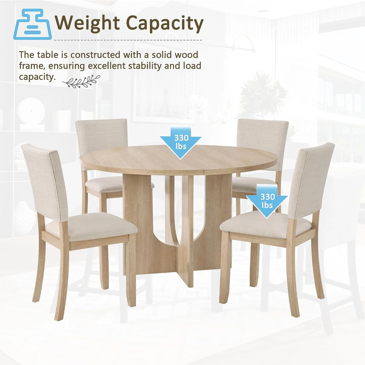 JIJIWANG 47.3" 5-Piece Round Dining Table Set with 4 Upholstered Dining Chairs, Modern Round Dining Table Set for 4 for Living Room Kitchen Light Oak & Beige