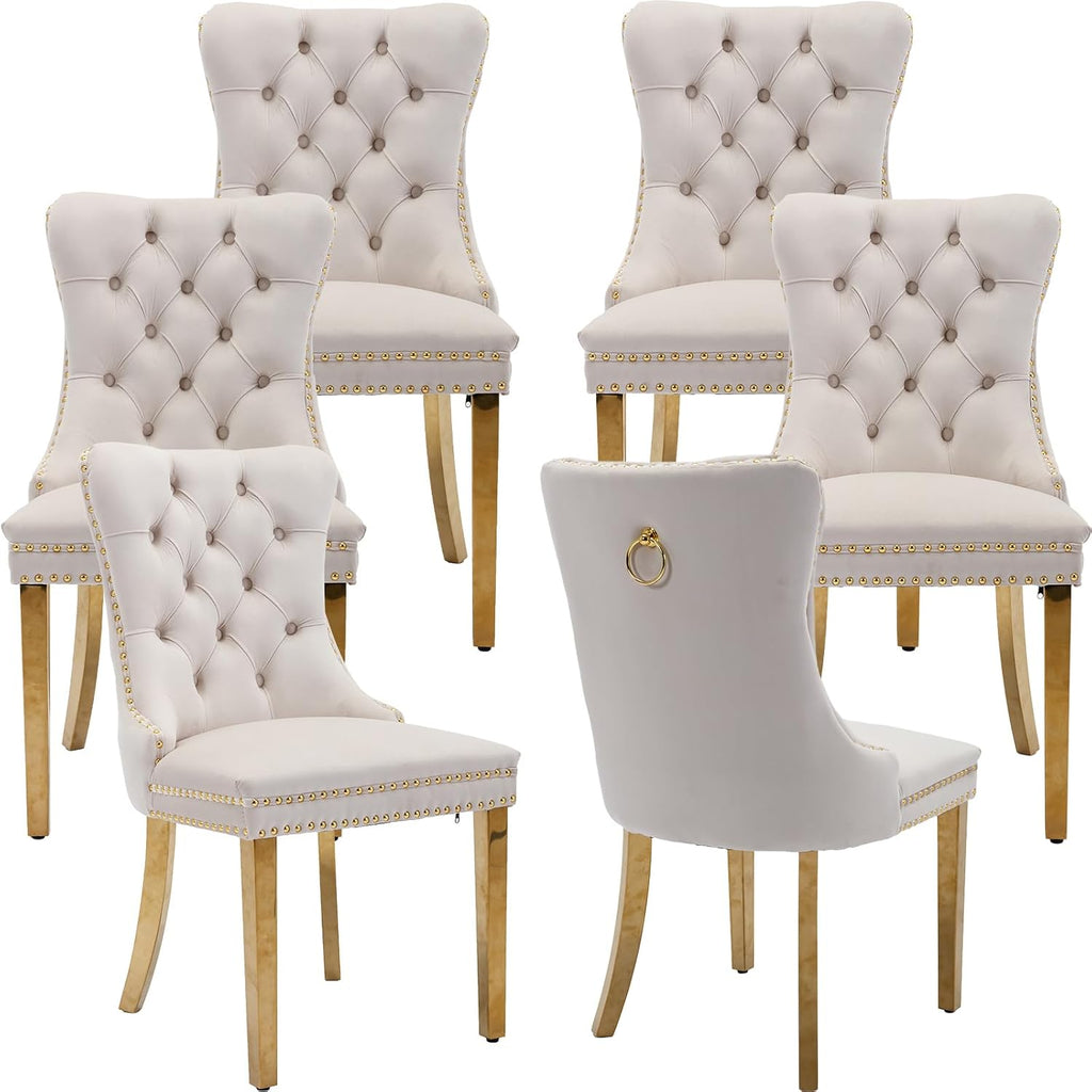 Velvet Dining Chairs Set of 6, Mid Century Tufted Dining Room Chairs with Nailhead Back Ring, Metal Legs, Modern Style for Kitchen, sillas de comedor (Beige, Golden Legs, 6 Pcs)