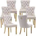 Velvet Dining Chairs Set of 6, Mid Century Tufted Dining Room Chairs with Nailhead Back Ring, Metal Legs, Modern Style for Kitchen, sillas de comedor (Beige, Golden Legs, 6 Pcs)