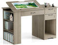 Drafting Table with Storage Cabinet & Drawers, Adjustable Drawing Table with Open Shelves, Craft Art Desk for Artists, Painters, Drawing, Crafting, Reading, Writing, Working (Grey)