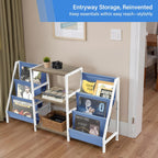 FurnitureR 3-Tier End Table with Record Player Stand and Vinyl Storage, Multi-Purpose Side Table Bookcase and Magazine Rack with Dual-Sided Fabric Pockets, Display Shelf Organizer, Blue/White
