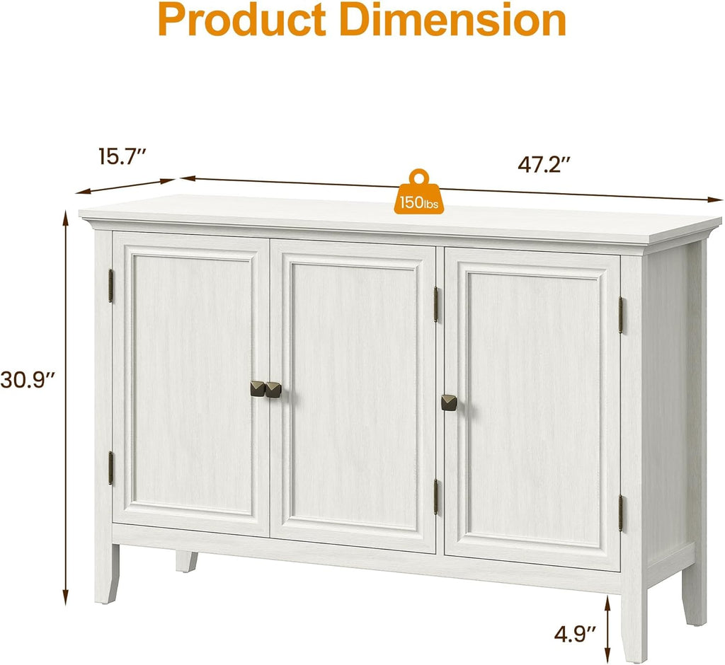 RoyalCraft Buffet Cabinet with Storage, Mid Century Modern Sideboard with 3 Doors, Wood Credenza Coffee Bar Cabinet, Console Table for Dining Room, Living Room, Kitchen, Hallway, Grayish-White