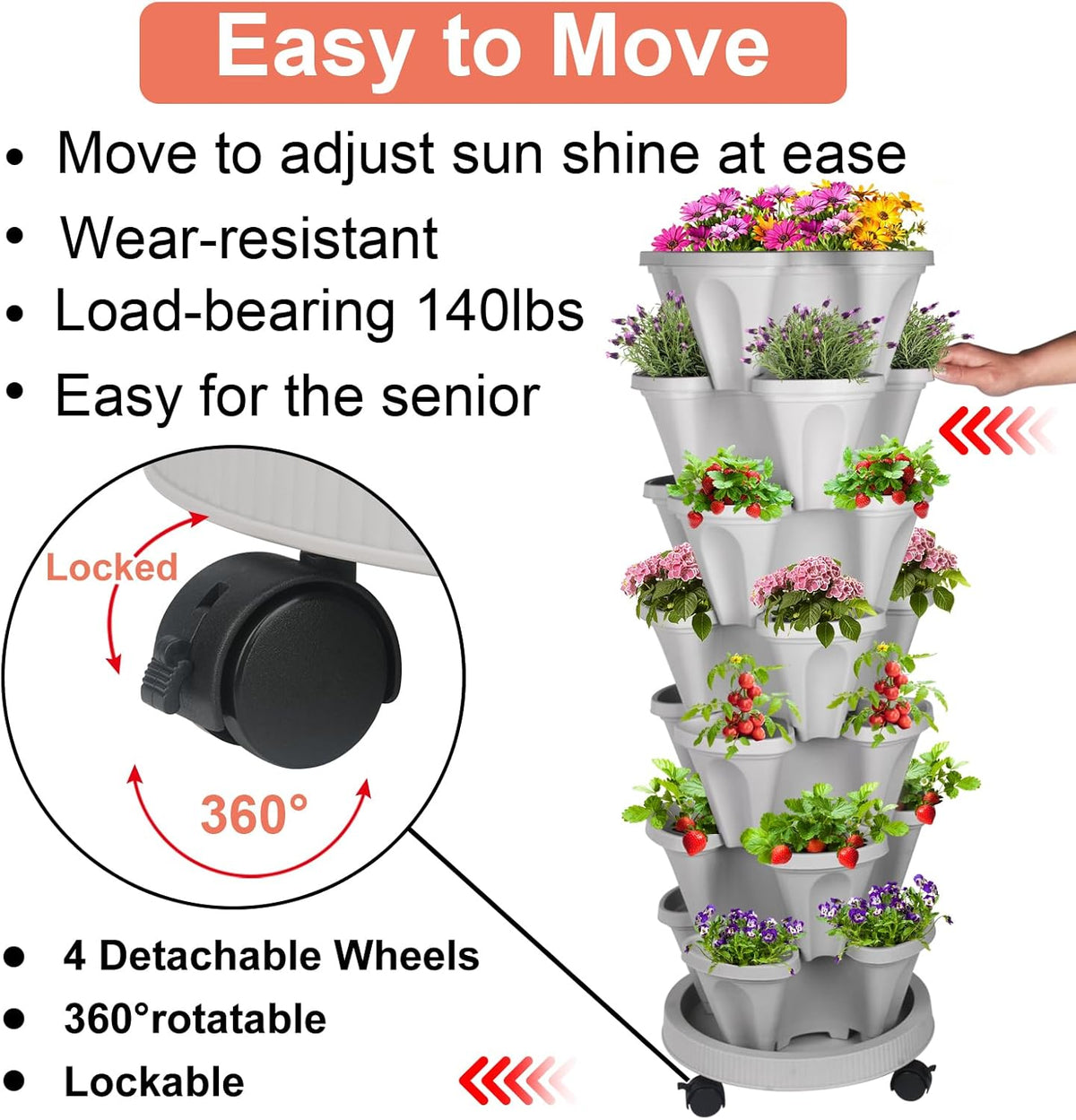 Vertical Planter 7 Tier Stackable Planters Garden Planters Strawberry Herb Flower and Vegetable Planter Indoor Outdoor Gardening Pots with Removable Wheels and Tools