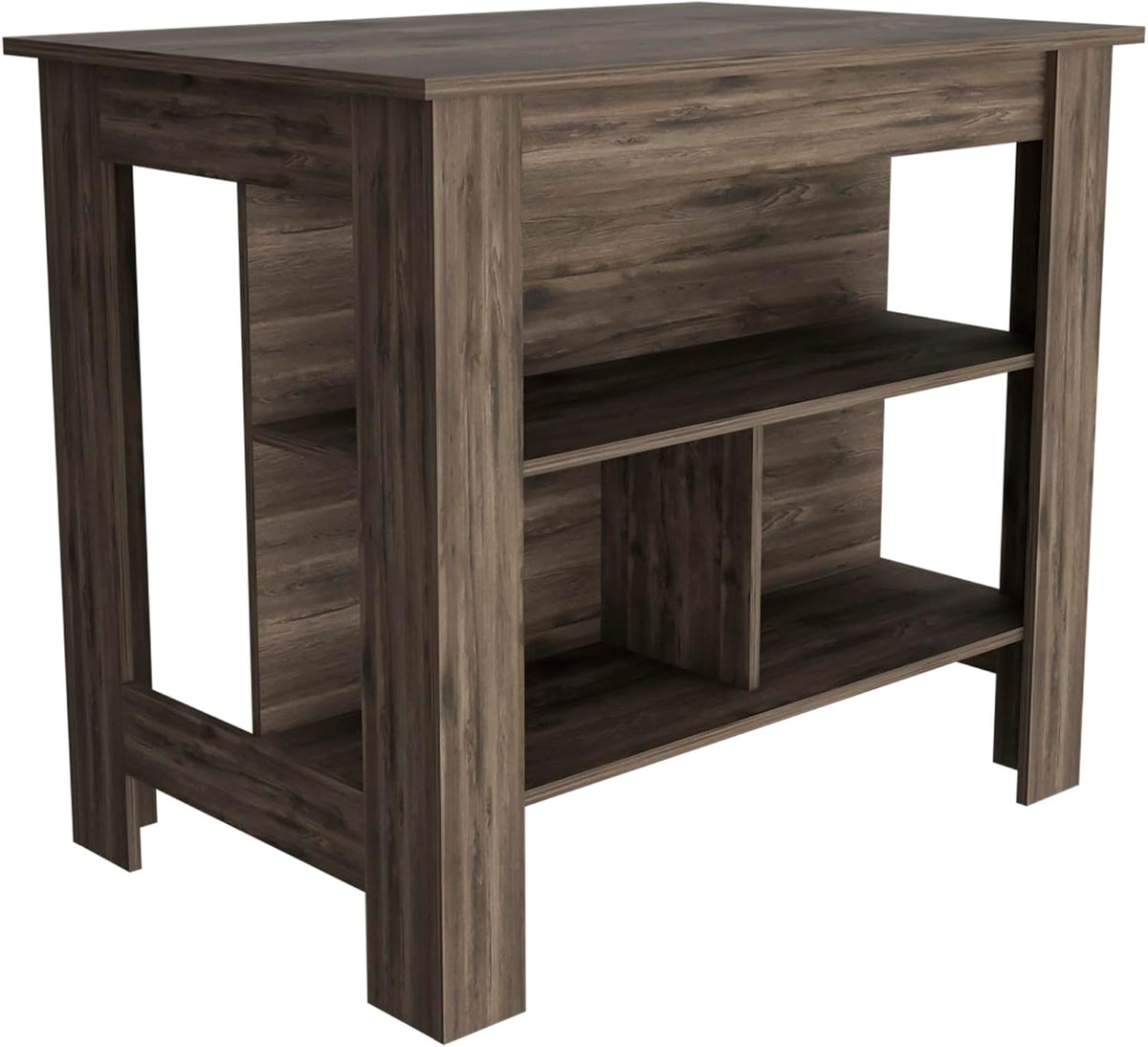 Dark Brown Kitchen Island with Three Shelves and Four Legs | Spacious kitchen island with three storage shelves and wide top surface for meal prep