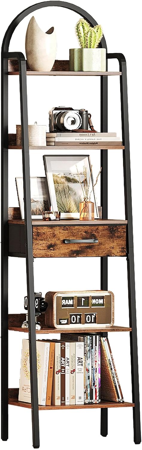 CHOEZON 5 Tier Ladder Shelf with Drawer, Tall Ladder Bookshelf, Standing Bookcase with Metal Frame for Living Room, Bathroom, Home Office, Study, Balcony, Rustic Brown and Black TCJ07BF