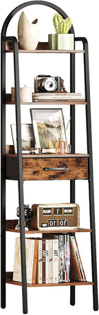 CHOEZON 5 Tier Ladder Shelf with Drawer, Tall Ladder Bookshelf, Standing Bookcase with Metal Frame for Living Room, Bathroom, Home Office, Study, Balcony, Rustic Brown and Black TCJ07BF