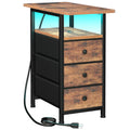 AMHANCIBLE Narrow End Table Living Room with Charging Station, Slim LED Nightstand with Fabric Drawers, Skinny Side Table for Bedroom, Small Spaces, Couch, Rustic Brown, HETN013LBR-1