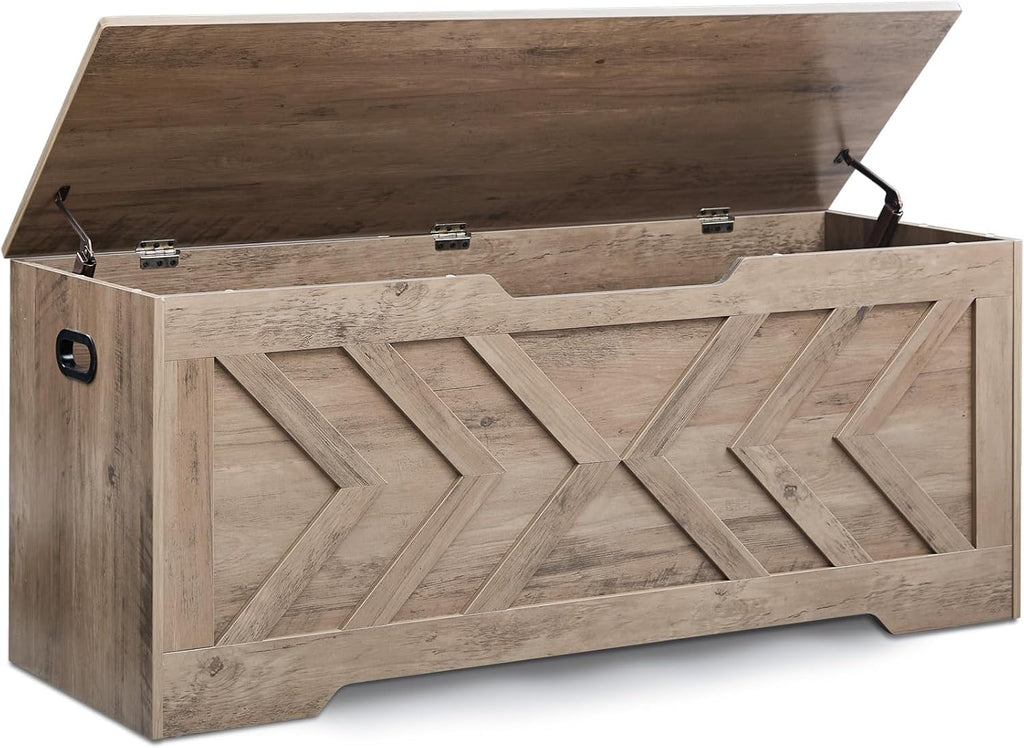 47.2” Storage Bench,Extra Large Wooden Storage Chest with 2 Safety Hinges,entryway Bench,Blanket Storage,Shoe Storage Bench for Entryway,Bedroom,Living Room,Easy Assembly.-Greige