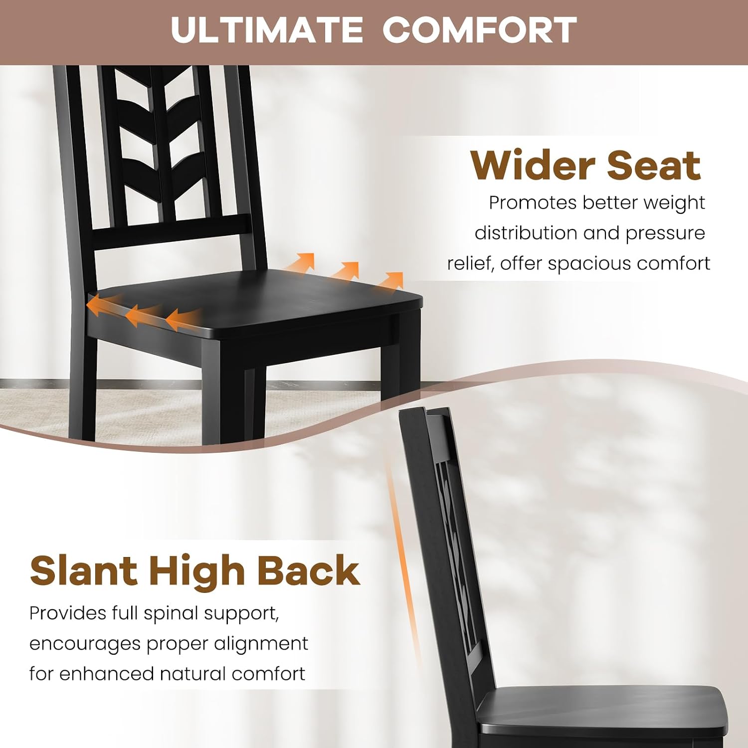 NAFORT Wood Dining Chairs Set of 6, Black Kitchen Chairs, Solid Rubber Wood Chair with Non-Slip Foot Pads, Max Load of 430 Lbs, Farmhouse Seat High Chevron Back Dining Room Chairs