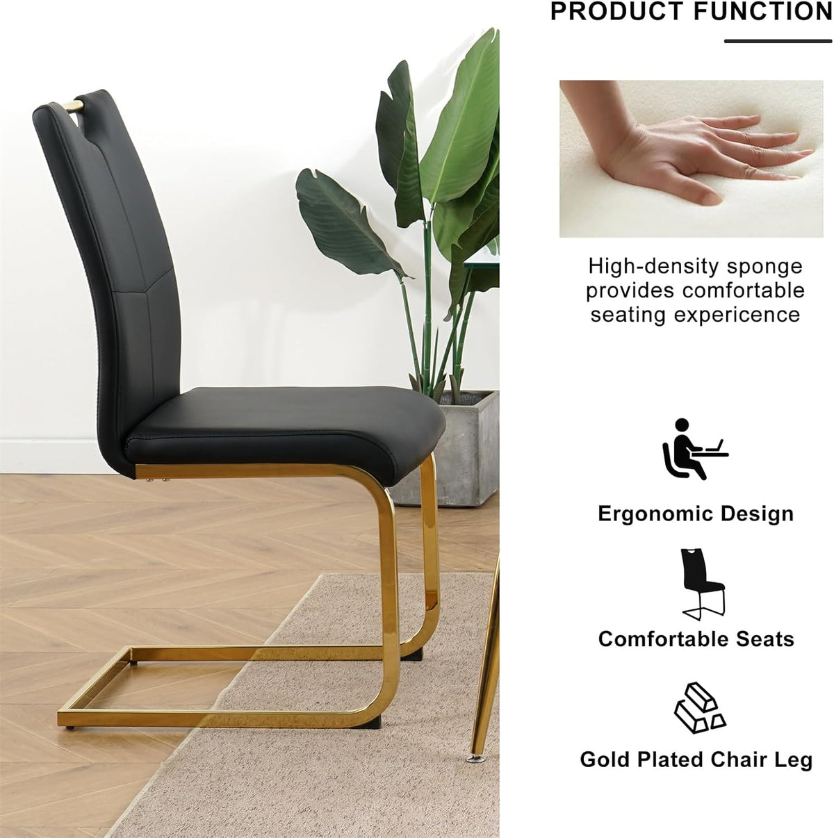 Henf Glass Dining Table Set for 6, 7 Piece Modern Kitchen Table and Chairs for 6,Gold Dining Room Table Set with 61" Glass Dinner Table & 6 Black Faux Leather Chairs for Small Space,Home, Apartment
