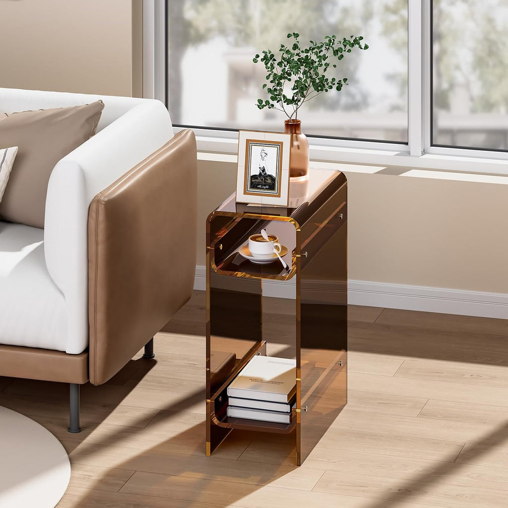 Clear Acrylic Side Table, Narrow Nightstand Bedside Table for Bedroom, Skinny Small End Table (Dark Brown, 8.7'' x 15.7'' x 21.7")