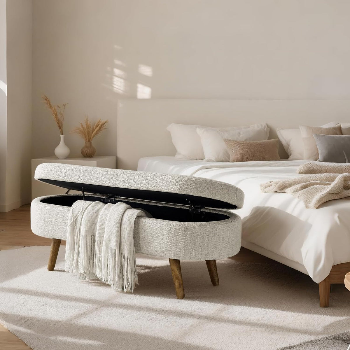 SoarFlash Ottoman Oval Storage Bench Linen Fabric Rubber Wood Legs（Beige）