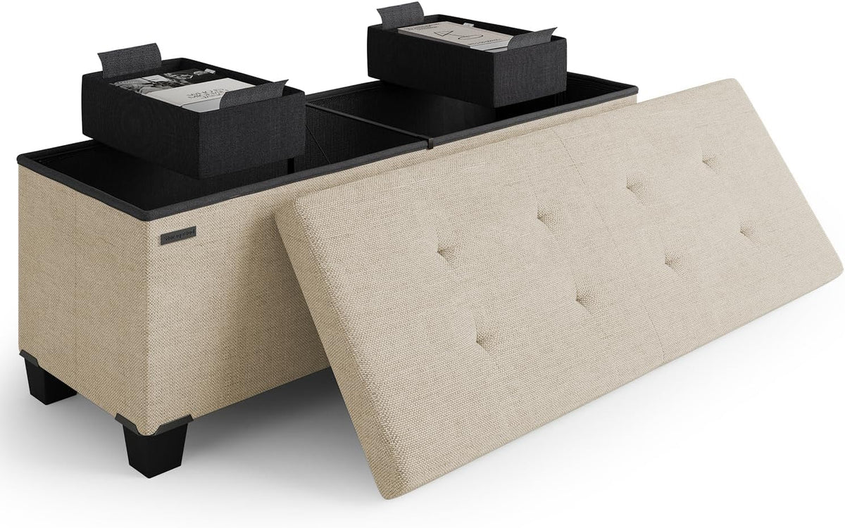 Storage Ottoman Bench with Bins, 43-in Storage Bench for Bedroom End of Bed, Folding Foot Rest Ottoman for Living Room Max 660lbs, Fabric Ottomans, Beige