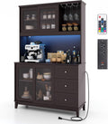 73” Kitchen Pantry Storage Cabinet, Buffet Hutch w/Power Outlets & Led Lights, Tall Cupboard w/Wine Glass Racks, Adjustable Shelves, Drawers, Microwave Stand for Dining Room (Espresso)