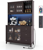 73” Kitchen Pantry Storage Cabinet, Buffet Hutch w/Power Outlets & Led Lights, Tall Cupboard w/Wine Glass Racks, Adjustable Shelves, Drawers, Microwave Stand for Dining Room (Espresso)