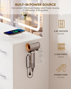 LIVELYGLOW 35.4" White Vanity Desk Set with Full-Width LED Mirror & Stool | 3 Lighting Modes, Charging Station, Cushioned Stool, 4 Drawers
