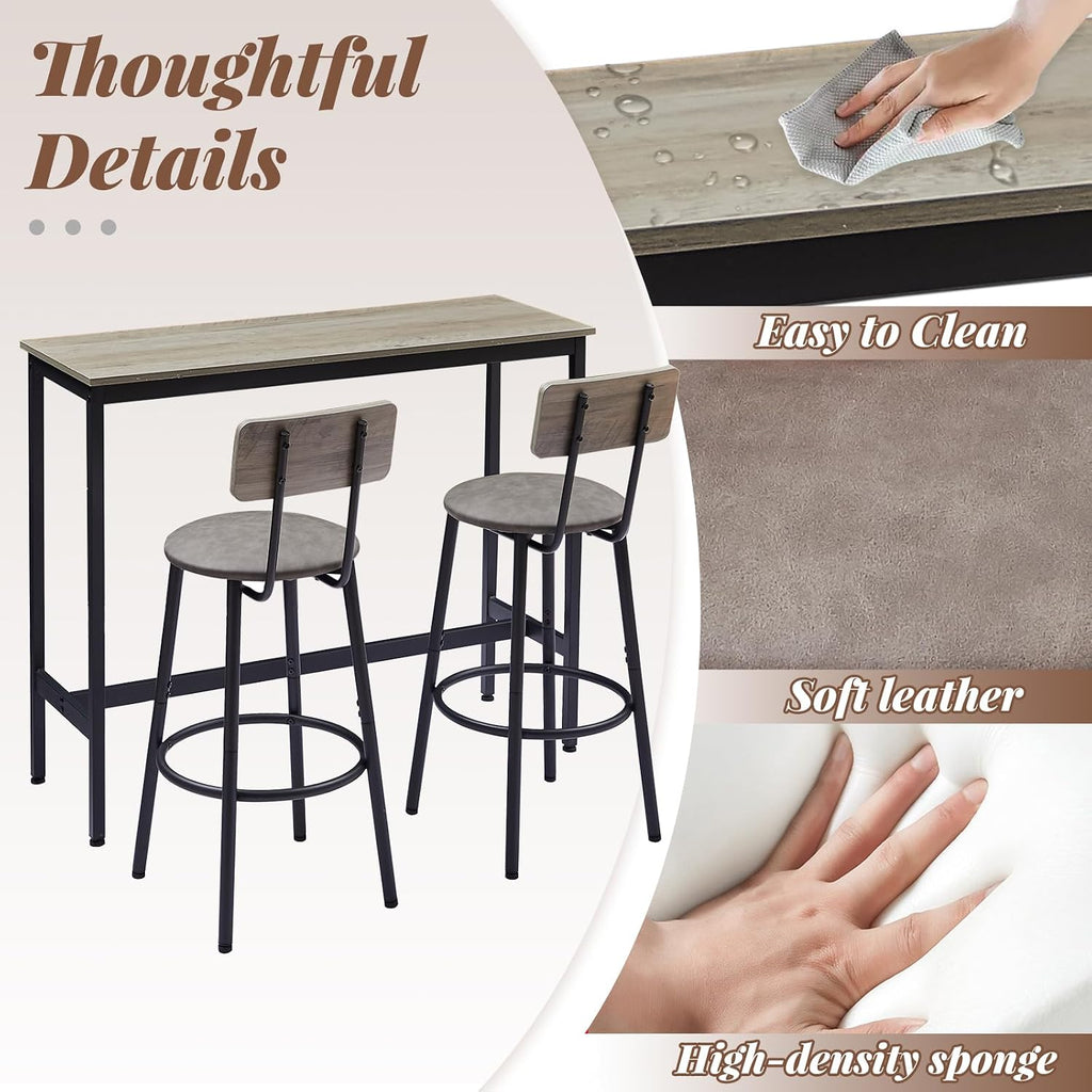 43.31" Bar Table Set for 2, Counter Height Dining Table with PU Upholstered Bar Stools and Backrests, Space-Saving Small Kitchen Table for Breakfast Nook,Grey