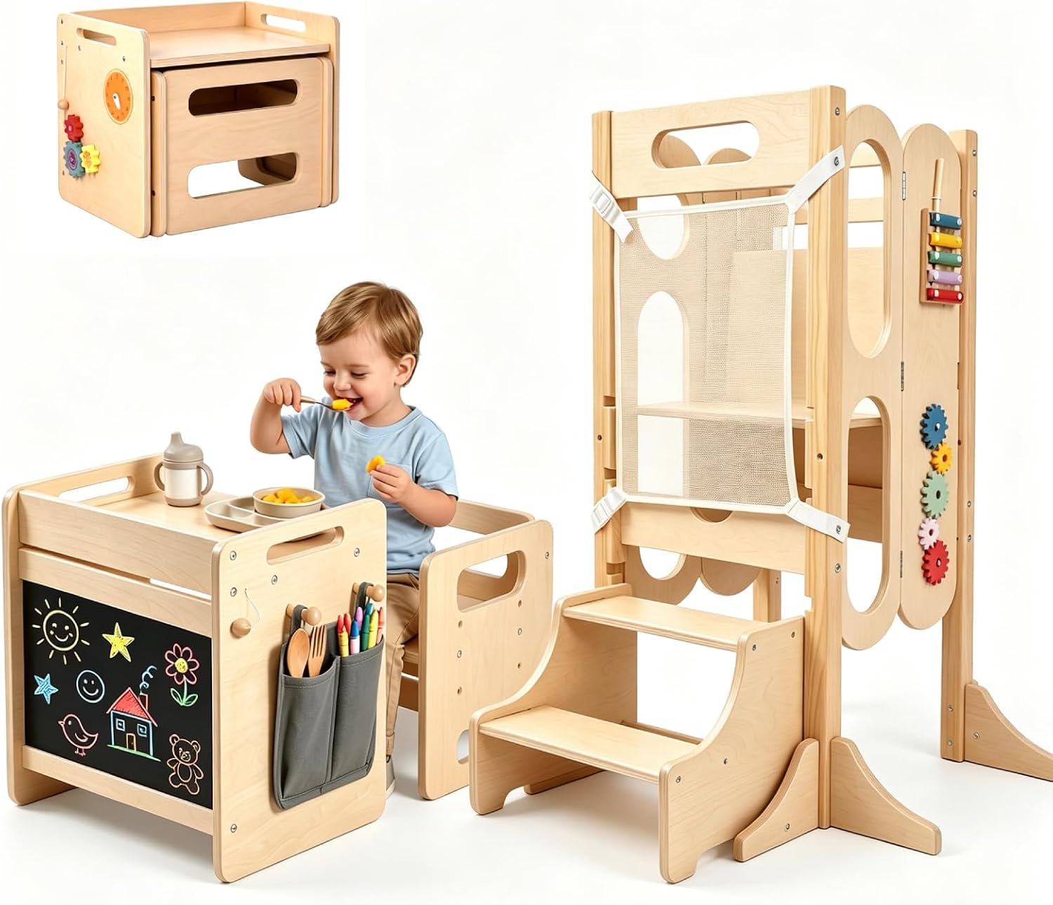 Foldable Toddler Standing Tower & Montessori Weaning Table and Chair Set
