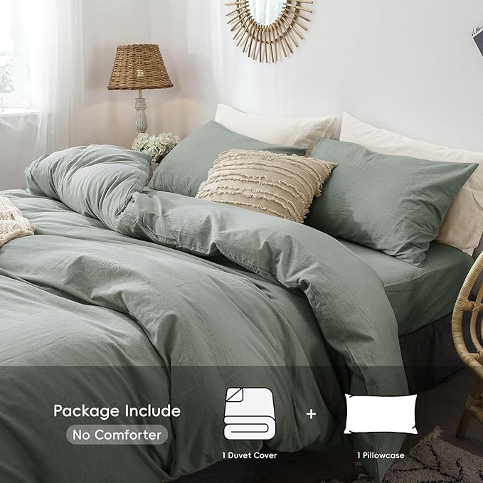 MooMee Bedding Duvet Cover Set 100% Washed Cotton Linen Like Textured Breathable Durable Soft Comfy (Heathered Green, Twin 68"x90")