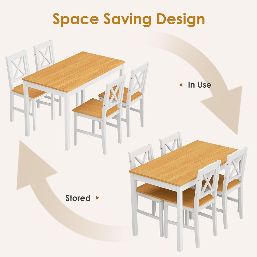 DlandHome 5 Piece Dining Table Set, Wood Kitchen Table with 4 Chairs for Dining Room, Apartment, Breakfast Nook, Solid Wood Farmhouse Dinner Table Set, Natural White